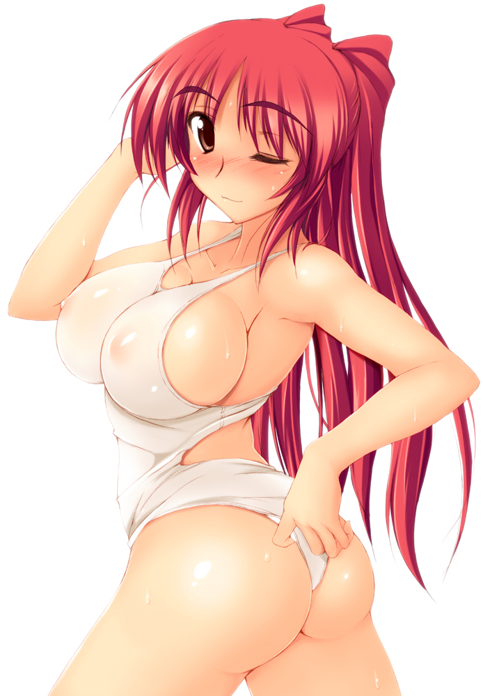 1girl adjusting_clothes adjusting_swimsuit ass big_breasts bikini blush bow breasts brown_hair cleavage kousaka_tamaki large_breasts long_hair mound_of_venus navel nipples one_eye_closed popsicle red_hair see-through side-tie_bikini sideboob solo striped striped_bikini striped_swimsuit sweat swimsuit to_heart to_heart_2 undersized_clothes water wet wink zekkyon