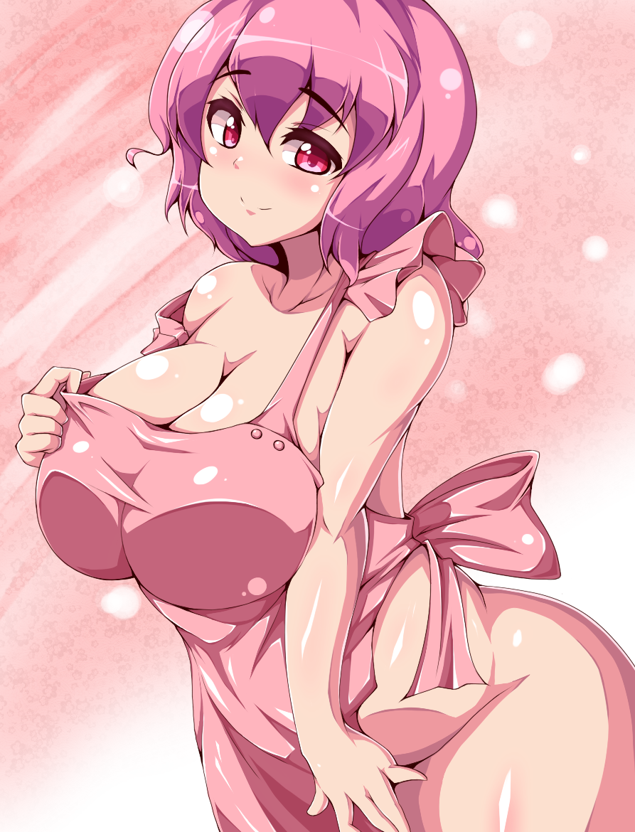 1girl apron ass bad_id breasts cleavage covering covering_crotch female huge_breasts moisture moisture_(chichi) naked_apron pink_eyes pink_hair saigyouji_yuyuko short_hair smile solo touhou