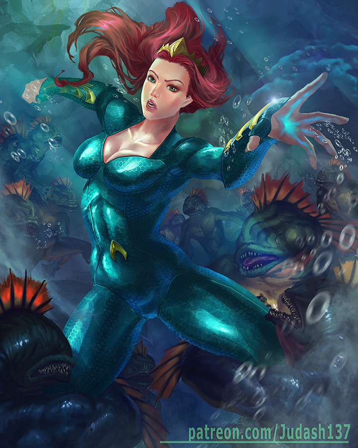 1girl aquaman_(series) arms_up blue_eyes bodysuit breasts cleavage covered_navel curly_hair dc_comics jewelry judash137 long_hair looking_at_viewer medium_breasts mera mera_(dc) muscle open_mouth outstretched_arms red_hair restrained shiny shiny_clothes spread_legs superhero thighs toned underwater