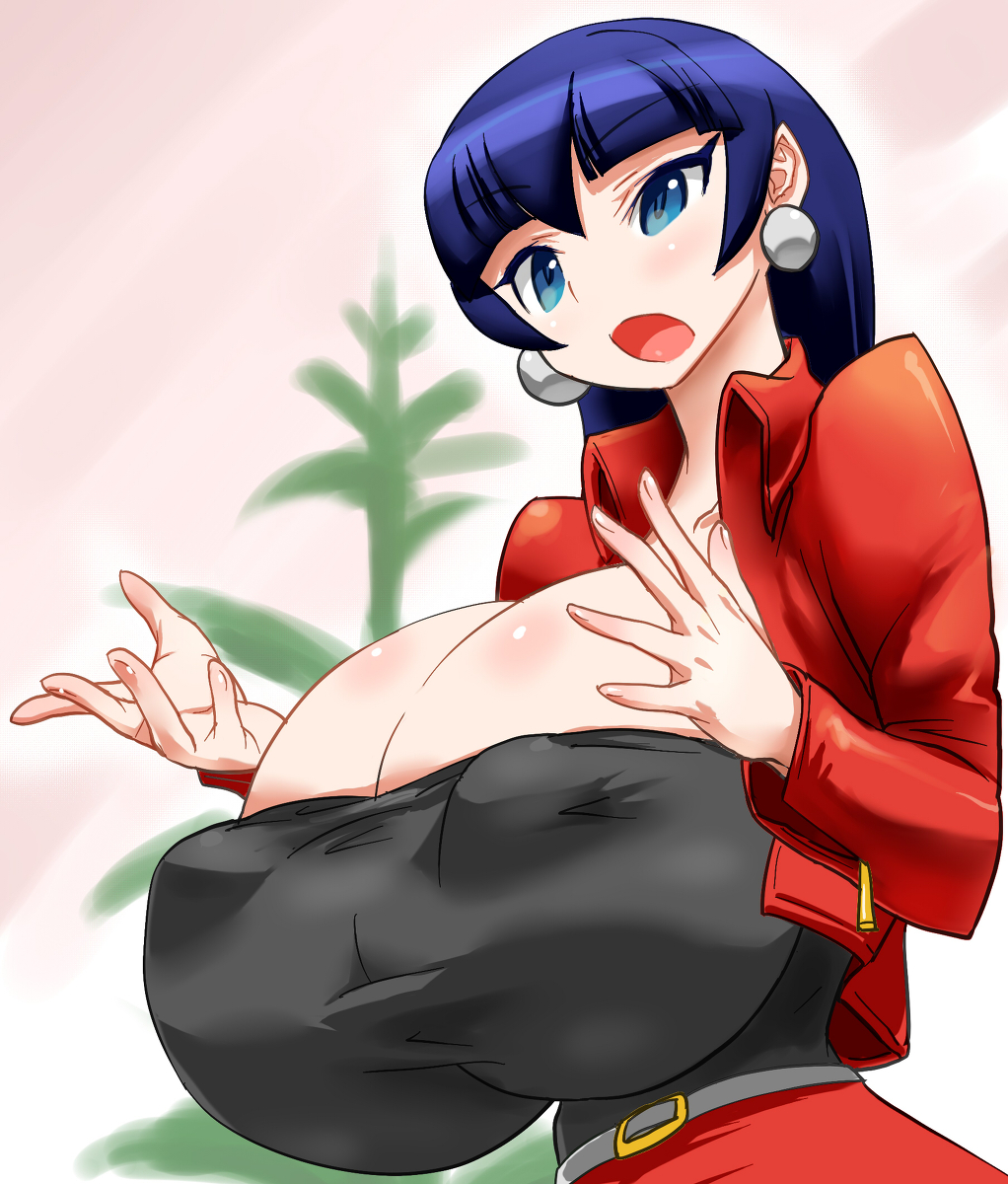 1girl blue_eyes blue_hair breast_expansion breasts earrings erect_nipples female gigantic_breasts high_res highres histamine_c jewelry necklace nipples puffy_nipples solo