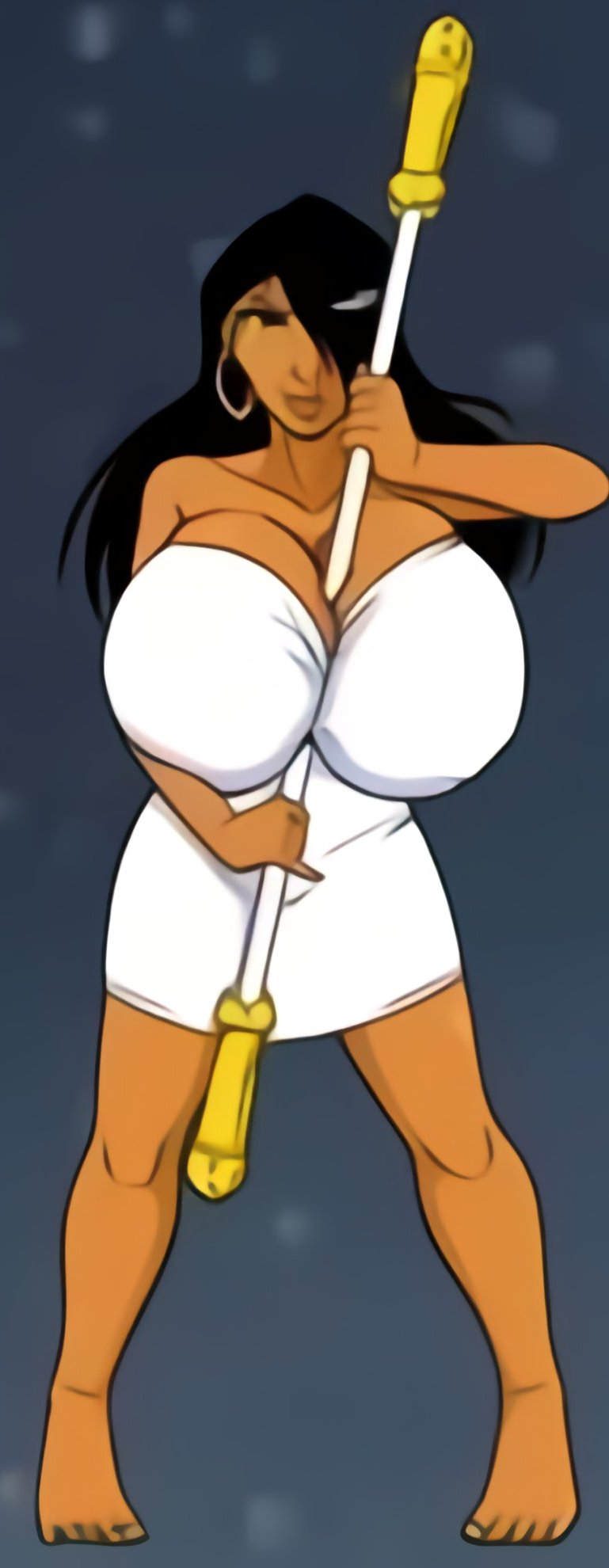 black_eyes black_hair brown_skin earrings egyptian egyptian_eyeliner egyptian_female facial_mark farah_(legend_of_queen_opala) full_body gabework gigantic_breasts huge_breasts legend_of_queen_opala long_hair milf photoshop queen sexy sexy_body sexy_breasts staff weapon