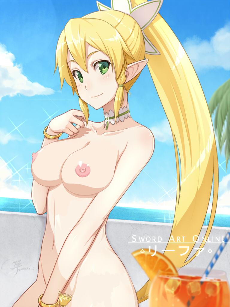 alluring beach blonde breasts choker elf green_eyes kirigaya_suguha leafa nipples nude ocean pubic_hair smile sword_art_online