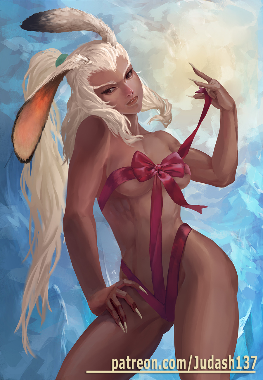 1girl abs animal_ears bare_shoulders big_breasts breasts bunny censored cleavage dark_skin ears final_fantasy final_fantasy_xii fingernails fran fran_(ff12) high_res judash137 legs lips long_hair looking_at_viewer muscle nail_polish ponytail revealing_clothes smile thighs toned very_long_hair viera white_hair