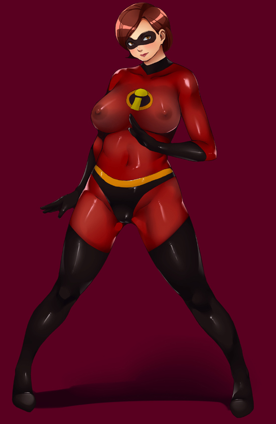 1girl bodysuit boots breasts brown_eyes brown_hair disney domino_mask elastigirl elbow_gloves erect_nipples ganto gloves large_breasts latex latex_gloves looking_at_viewer mask milf nipples no_bra see-through short_hair simple_background skin_tight solo spread_legs the_incredibles thigh_boots thighhighs