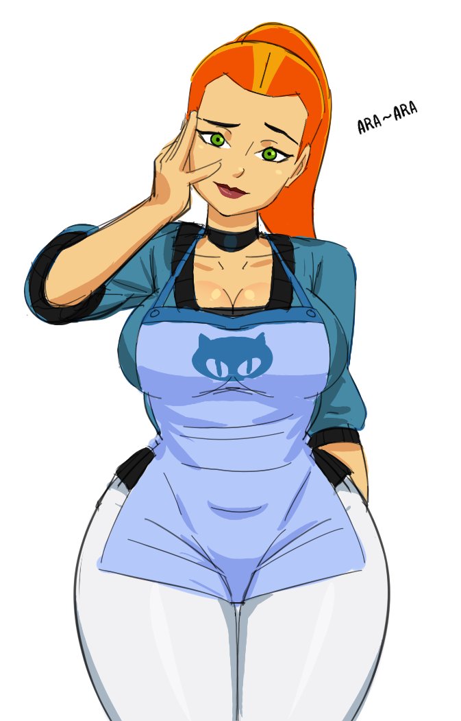 1girl adult aged_up apron ara_ara ben_10 big_breasts breasts cartoon_network choker cleavage clothing curvaceous curvy curvy_figure donchibi female_focus female_only future_gwen_tennyson green_eyes grin gwen_tennyson hand_on_face hips lips lipstick long_hair looking_at_viewer milf orange_hair pants ponytail smile smiling_at_viewer tied_hair tight_clothing voluptuous wide_hips