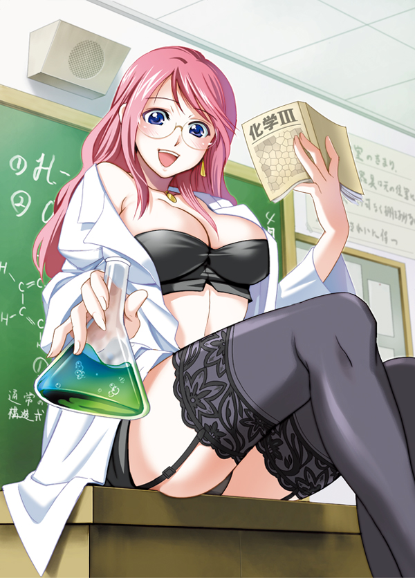 1girl :d bandeau bangs bare_shoulders black_bra black_legwear black_panties blue_eyes blush book bra breasts bubble bulletin_board chalkboard cleavage coat desk earrings erlenmeyer_flask fingernails flask foreshortening from_below garter_straps garters glasses hair_over_breasts happy holding indoors intercom inue_shinsuke jewelry labcoat lace lace-trimmed_thighhighs large_breasts legwear lingerie long_fingernails long_hair looking_at_viewer midriff milf miniskirt necklace off_shoulder on_desk open_clothes open_coat open_mouth open_shirt original outstretched_arm panties pantyshot pantyshot_(sitting) payot pink_hair science shirt sidelocks sitting sitting_on_desk skindentation skirt smile solo stockings strapless_bra swept_bangs teacher thighhighs underwear upskirt wide_sleeves