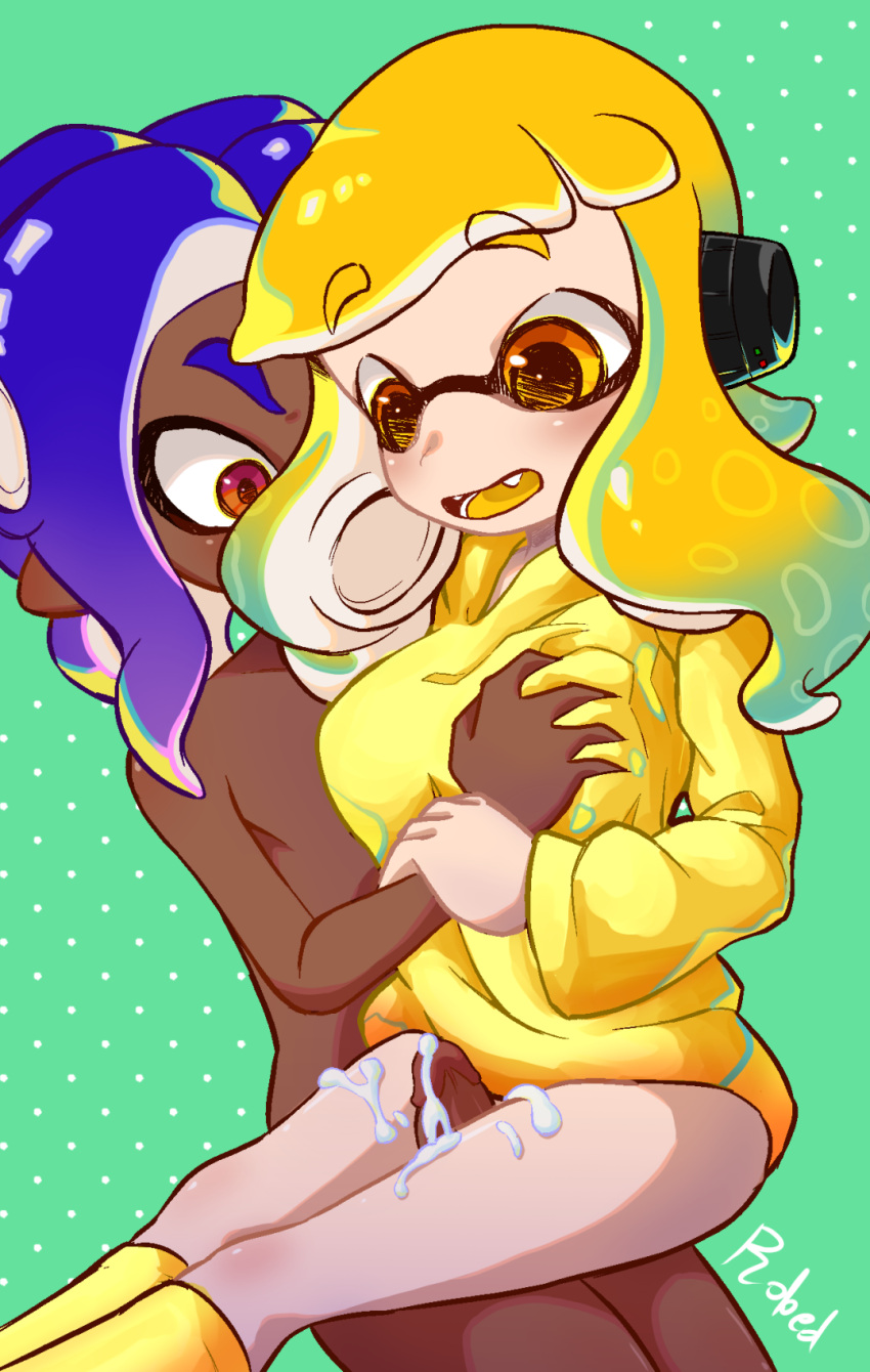1girl agent_4_(splatoon) breast_grab breasts clothed_female_nude_male cum_on_thighs eyebrows_visible_through_hair grin groping groping_breasts groping_through_clothes hoodie inkling inkling_girl male nintendo octoling octoling_boy penis penis_between_legs penis_between_thighs red_eyes robedart socks splatoon splatoon_(series) splatoon_2 splatoon_3 tentacle thigh_sex thighs yellow_eyes