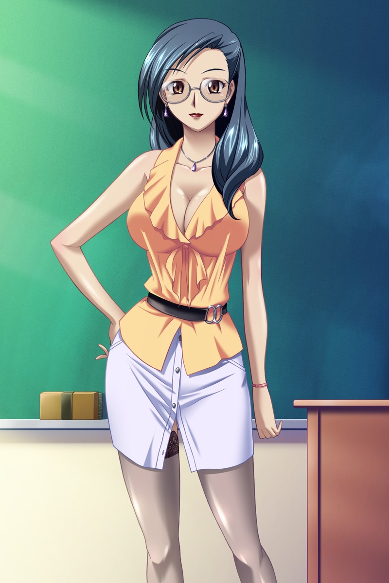 1girl ano_machi_no_koi_no_uta bare_shoulders belt bracelet breasts brown_eyes chalkboard classroom classroom_eraser cleavage desk earrings glasses green_hair highres jewelry kimura_takahiro large_breasts lipstick makeup necklace p-factory pencil_skirt school skirt sleeveless solo teacher thigh-highs thighhighs