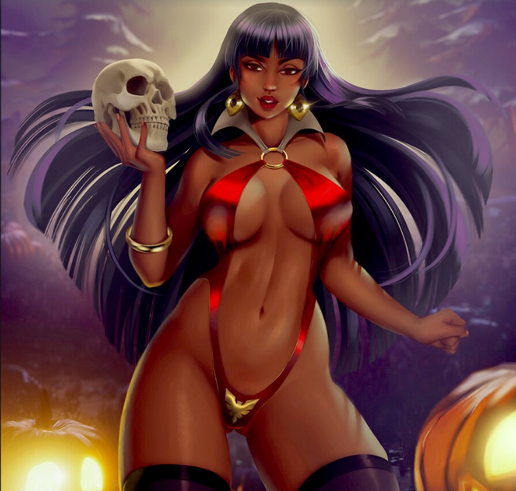 1girl alluring armlet big_breasts black_hair breasts chel cleavage dark-skinned_female dark_skin darkra dc_comics dreamworks earrings jack-o'-lantern latina legs long_hair looking_at_viewer navel non-nude outside presenting purple_hair red_clothes red_eyes revealing_clothes sexy skimpy_clothes skimpy_outfit skull sling_bikini slut standing stomach the_road_to_el_dorado thick thick_thighs thigh_high_boots toned two_tone_hair vampirella vampirella_(cosplay) vampirella_(series) wide_hips