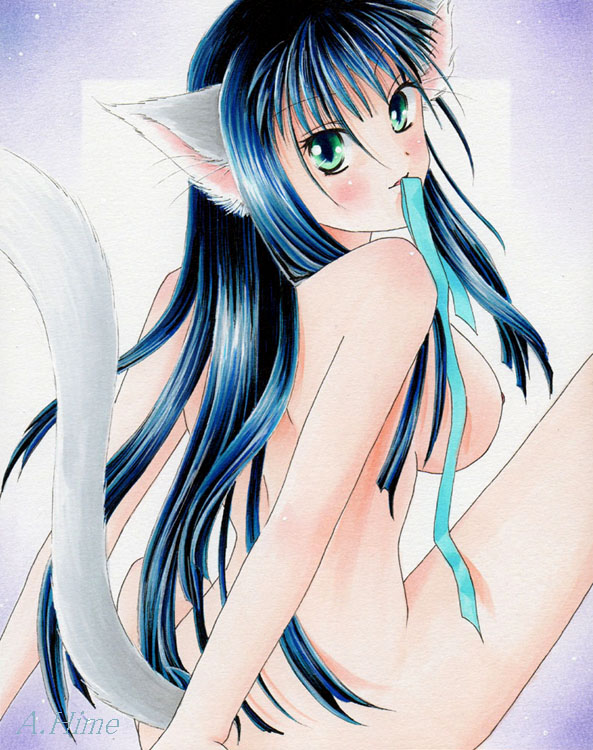 1girl animal_ears blue_hair blush breasts cat_ears cat_tail catgirl green_eyes long_hair looking_back mouth_hold nipples nude smile solo tail