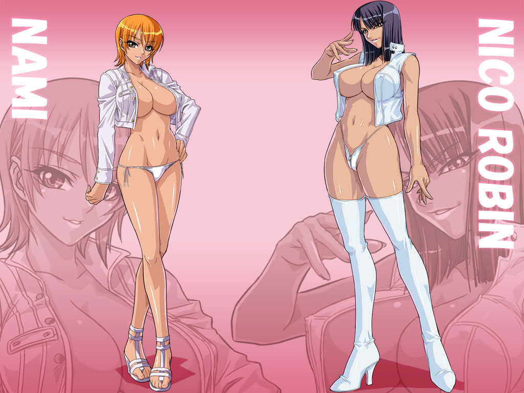 &gt;:d 1024x768 2_girls 2girls :d bangs big_breasts bikini bikini_bottom black_hair boots breasts brown_eyes buttons character_name cleavage cropped_jacket crotch_zipper duplicate erect_nipples feet female fingernails full_body gradient gradient_background grin groin hair hand_on_hip high_collar high_heels highleg highleg_bikini highleg_swimsuit jacket kagami_hirotaka large_breasts legs legs_crossed legwear lipstick long_fingernails long_hair long_legs long_sleeves looking_at_viewer lowleg lowleg_bikini lowleg_panties makeup mound_of_venus multiple_girls nami naughty_face navel nico_robin no_bra one_piece open_clothes open_jacket open_mouth open_shirt open_vest orange_eyes orange_hair panties parted_bangs parted_lips red_background sandals shadow shiny shiny_skin shirt shoes short_hair side-tie_bikini sitting smile standing string_bikini swimsuit thigh_boots thighhighs thong uncensored underwear vest wallpaper white_legwear white_panties wide_hips zipper zoom_layer