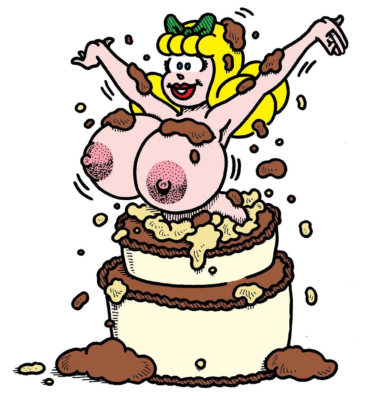 1girl big_breasts blonde_hair breasts cake_(food) dexter_cockburn erect_nipples female_only food frosting huge_breasts nipples nude original original_character pop_out_cake solo white_background