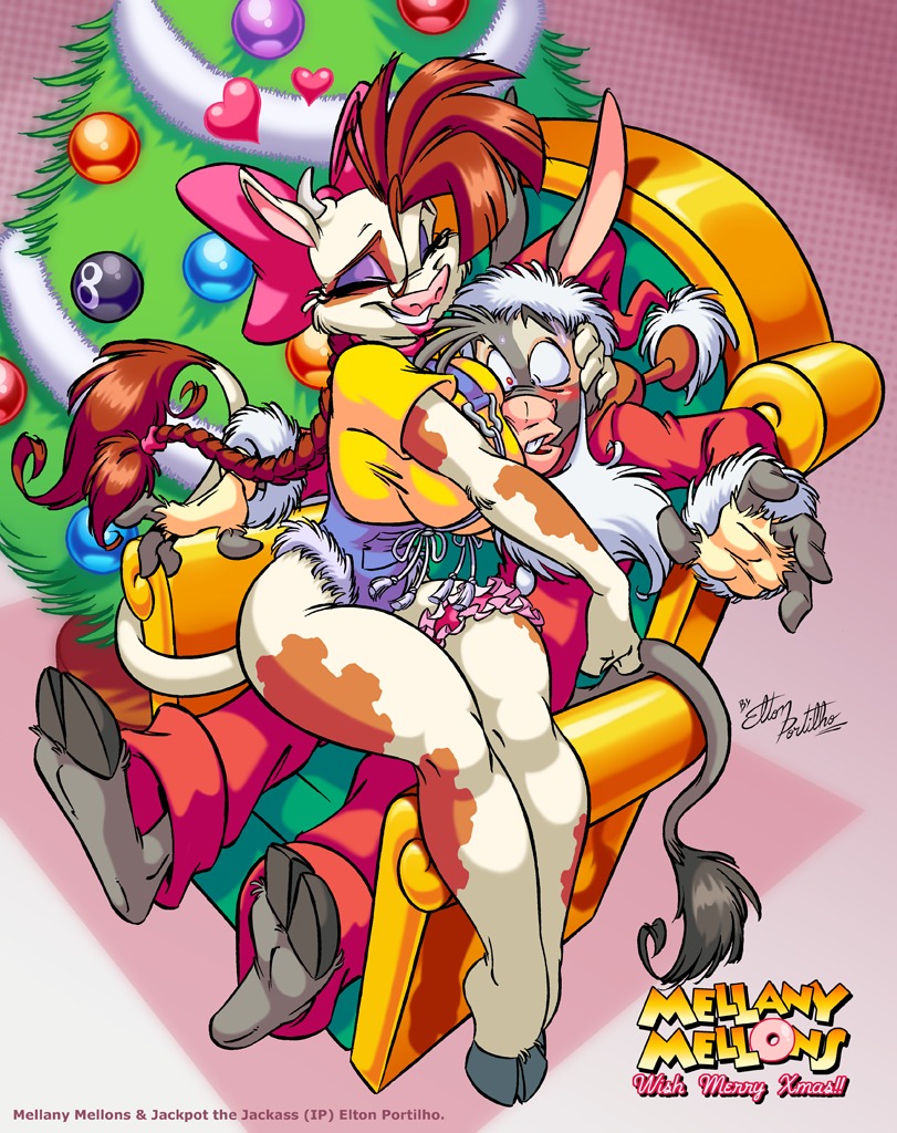 big_breasts blush bovine breasts christmas christmas_outfit christmas_tree clothed clothing cow donkey eltonpot equine female hair horn huge_breasts jackpot_the_jackass long_hair male mellany_mellons original santa_hat skimpy tail thighs wide_hips xmas