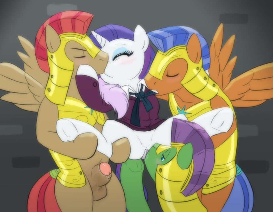 1girl 3boys blush carnifex closed_eyes female female_unicorn friendship_is_magic helmet horn kissing male male/female male_pegasus my_little_pony oral oral_sex partially_clothed pegasus pony pussy pussylicking rarity rarity_(mlp) royal_guard_(mlp) spread_legs suspended_in_midair unicorn wings