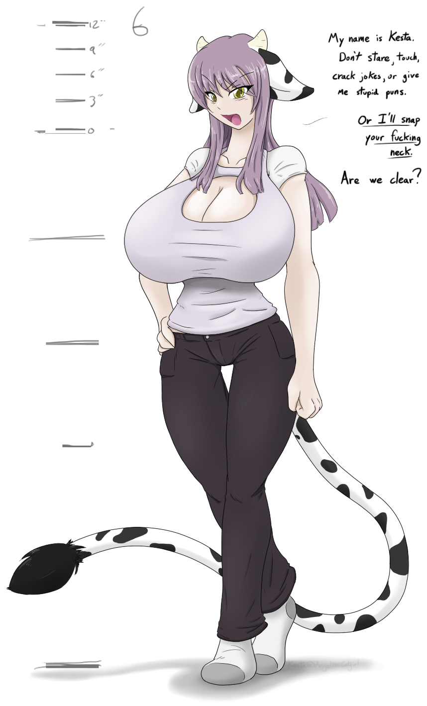 angelthecatgirl big_breasts breasts cow_ears cow_girl cow_horns cow_print cow_tail hair horn horns huge_breasts kesta_kemeshi looking_at_viewer purple_hair tail yellow_eyes