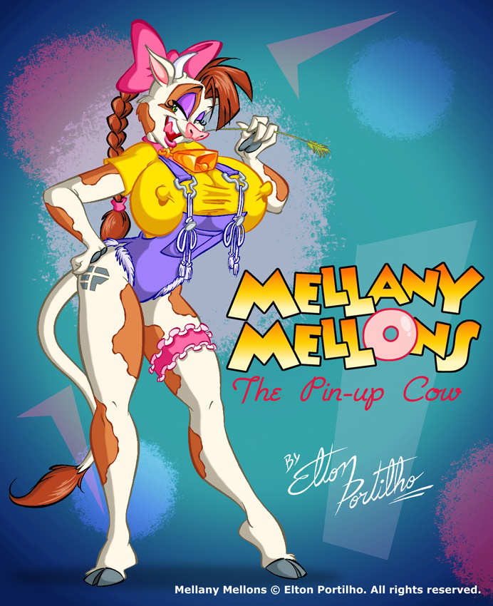 1girl big_breasts bovine breasts character_name cow eltonpot female female_only mellany_mellons solo_female