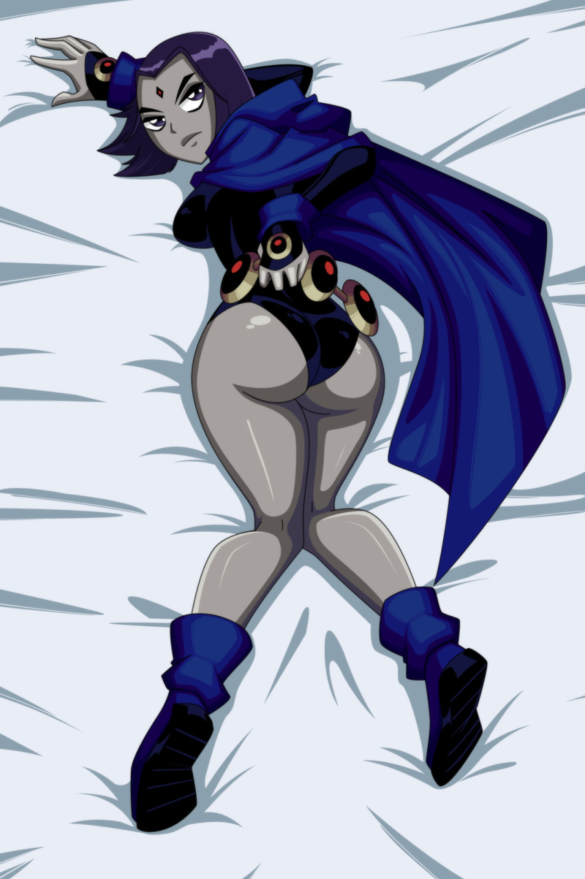 1girl ankle_boots annoyed ass cape clothed dat_ass dc dc_comics female female_only forehead_jewel grey_skin half_demon leotard looking_at_viewer looking_back raven_(dc) ravenravenraven short_hair solo superheroine teen_titans