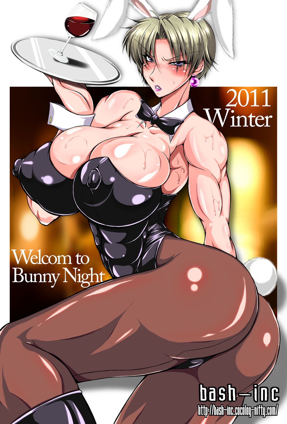 2011 abs alcohol angry animal_ears ass bash-inc blonde_hair blush bow bowtie breasts bunny_ears bunny_tail bunnysuit clenched_teeth earrings erect_nipples goblet high_res highres huge_breasts jewelry king_(snk) leotard lipstick makeup muscle nipples shiny short_hair tail teeth thick_thighs thighs tray wet wine