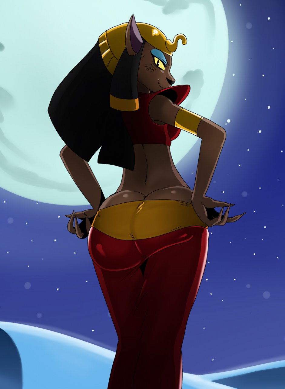 aladdin_(series) anthro ass big_ass black_hair butt_cleavage color desert disney feline female full_moon hair looking_at_viewer looking_back mirage_(aladdin) moon night outdoors solo sssonic2 stars yellow_sclera
