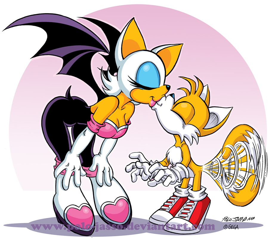 2010 ass bat bent_over black boots breasts canine cleavage closed_eyes clothed clothing elbow_gloves female fox gloves hetero kissing male male/female miles_"tails"_prower multiple_tails pants plain_background polo-jasso raised_tail rouge_the_bat sega smile sonic sonic_the_hedgehog_(series) tail text thighs white white_background wings