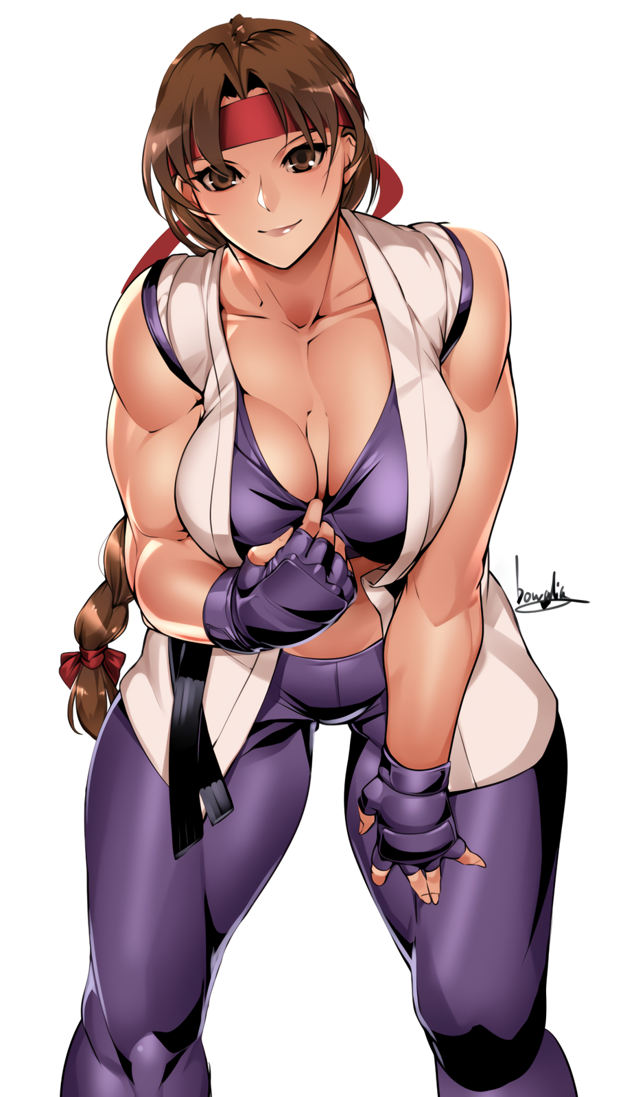 1girl 1girl alluring athletic_female between_breasts big_breasts braid breasts brown_eyes brown_hair cleavage female_abs fit_female headband leaning_forward looking_at_viewer snk standing the_king_of_fighters yuri_sakazaki