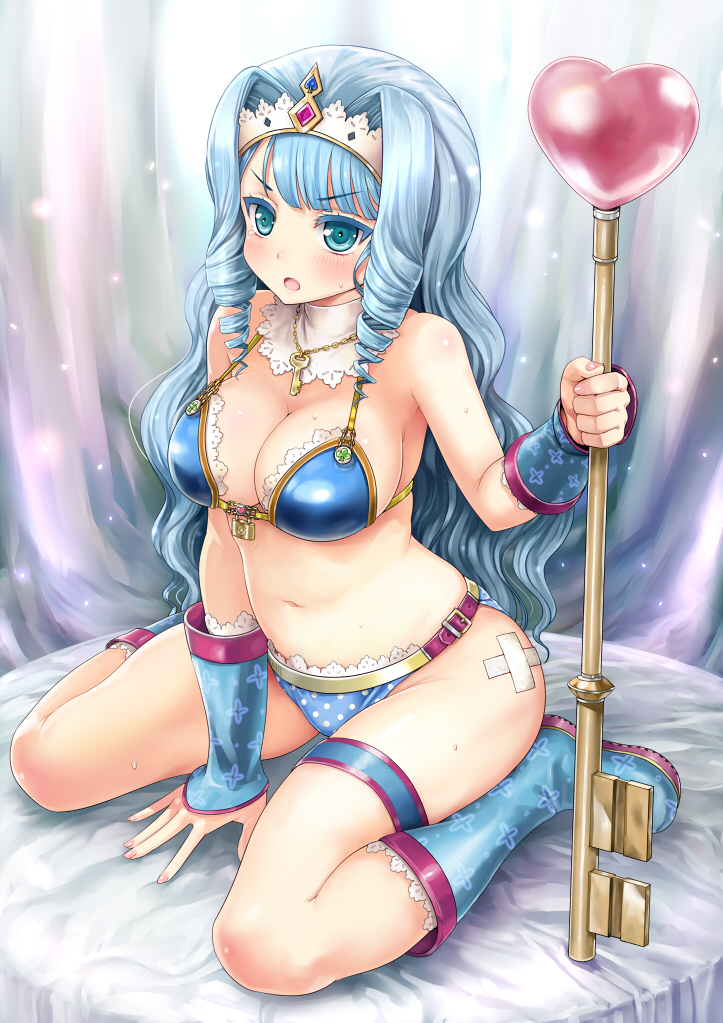 1girl aqua_eyes armor bandage bandages bare_shoulders bikini_armor blue_hair blush boots breasts cleavage drill_hair key lock long_hair martel_(artist) navel open_mouth original rubber_boots sitting solo thigh_strap twin_drills twintails wariza