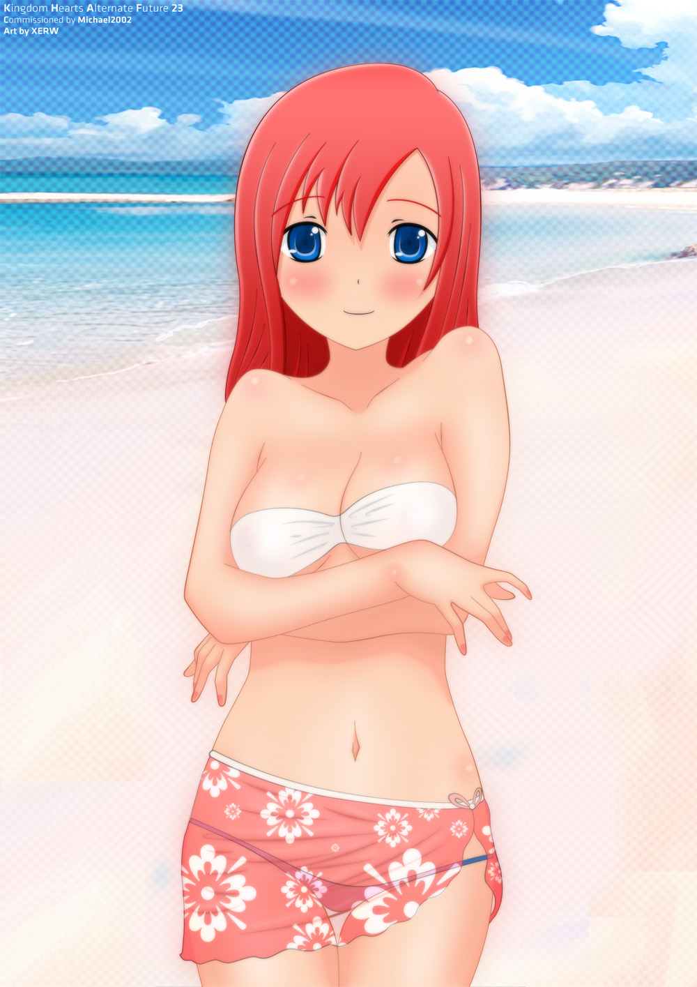 beach blue_eyes breasts kairi_(cosplay) kingdom_hearts namine red_hair xerw