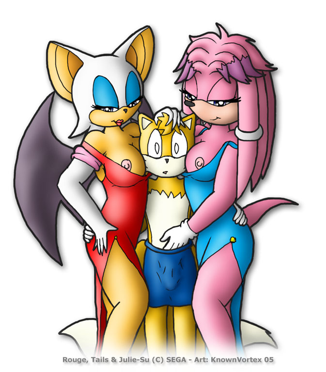 age_difference bat blonde_hair breasts canine cleavage dress erection female fox grope hair julie-su julies_su knownvortex male miles_"tails"_prower multiple_tails nipple nipples penis pink_hair rouge_the_bat sega smile sonic_the_hedgehog tail white_hair wings