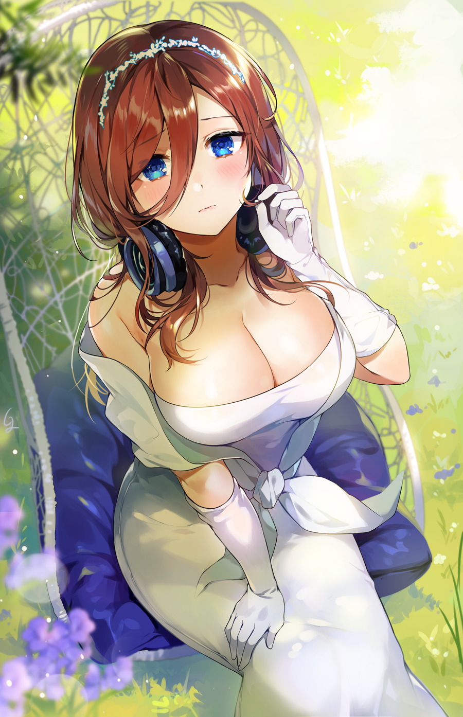 1girl bare_shoulders blue_eyes blurry blush breasts brown_hair chair cleavage dress flower from_above gloves go-toubun_no_hanayome grass hair_between_eyes hairband hand_up headphones headphones_around_neck large_breasts lens_flare long_hair looking_at_viewer nakano_miku pillow purple_flower sitting sleeveless sleeveless_dress strapless strapless_dress wedding_dress white_dress white_gloves