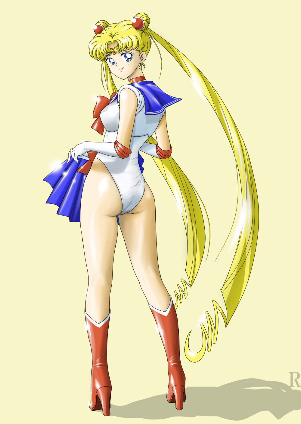 1_girl 1girl ass bishoujo_senshi_sailor_moon blonde blonde_hair blue_eyes blue_skirt boots choker clothes_in_front earrings elbow_gloves female female_only gloves heeled_boots high_heel_boots highres holding_skirt jewelry leotard long_blonde_hair long_hair long_twintails looking_back mr._r_(2ch's_sailor_moon_thread) red_boots sailor_moon serafuku skirt skirt_removed solo standing tiara transparent_background tsukino_usagi twintails undressing usagi_tsukino white_leotard