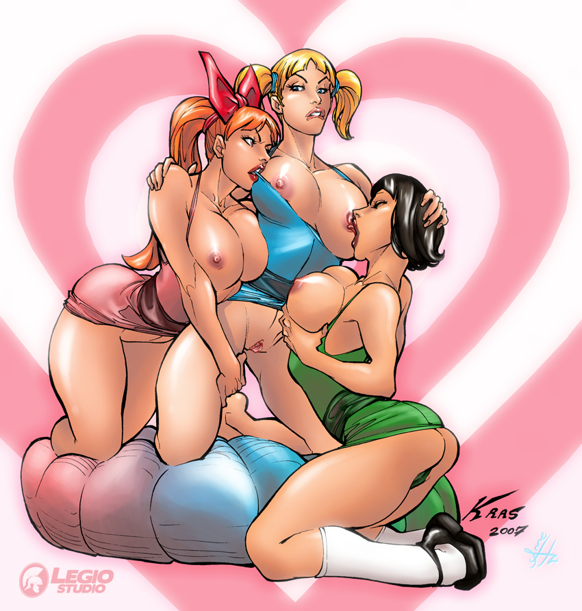 3_girls aged_up black_hair blonde_hair blossom_(ppg) blue_eyes bob_cut bubbles_(ppg) buttercup_(ppg) cartoon_network female_only green_eyes huge_breasts incest legio multiple_girls powerpuff_girls red_eyes red_hair siblings sisters threesome tied_hair twin_tails yuri
