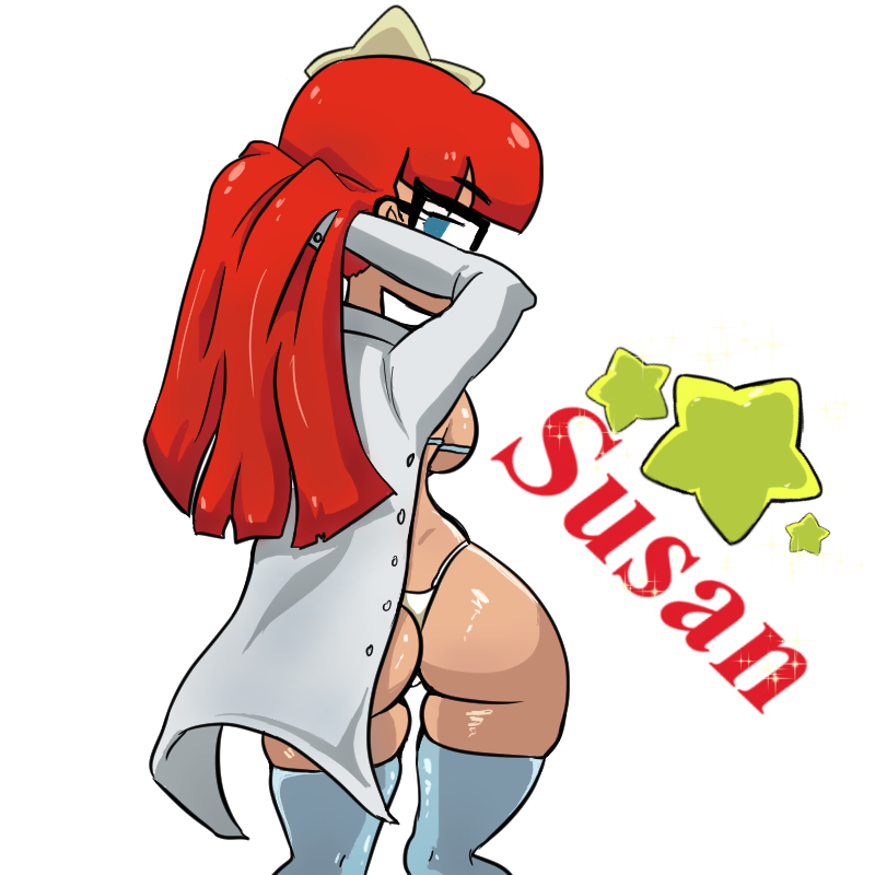 1girl ass bra darkprincess04_(artist) female female_only glasses johnny_test labcoat looking_at_viewer looking_back panties red_hair solo standing susan_test transparent_background unbuttoned