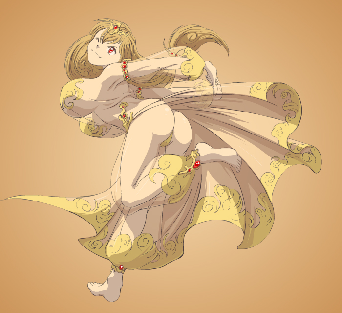 1girl armpits ass barefoot bouncing_breasts breasts brown_hair curvy dancer diadem gem gypsie gypsy_(hataraki_ari) hataraki_ari huge_breasts jewelry jewels long_hair lots_of_jewelry one_eye_closed poorly_drawn red_eyes rubies see-through solo wink