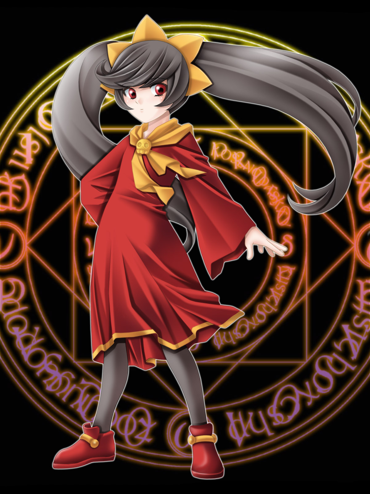 1girl ashley ashley_(warioware) black_background black_hair dress female_only hairband high_res highres long_hair lyrical_nanoha made_in_wario magic_circle nintendo pantyhose red_eyes simple_background skull solo tamamon twin_tails warioware witch