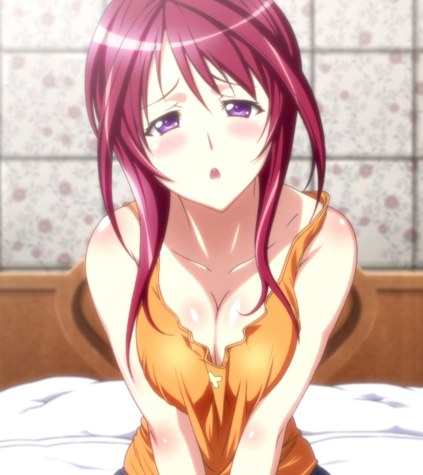 big_breasts blush breasts cleavage high_res long_hair open_mouth oribe_mafuyu purple_eyes red_hair screencap seikon_no_qwaser sexually_suggestive sitting solo squinting stitched