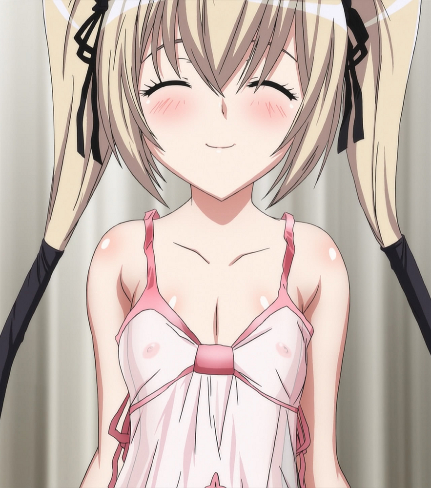 bare_shoulders blonde_hair blush closed_eyes ekaterina_kurae flat_chest hair lingerie nipples see-through seikon_no_qwaser small_breasts smile stitched underwear