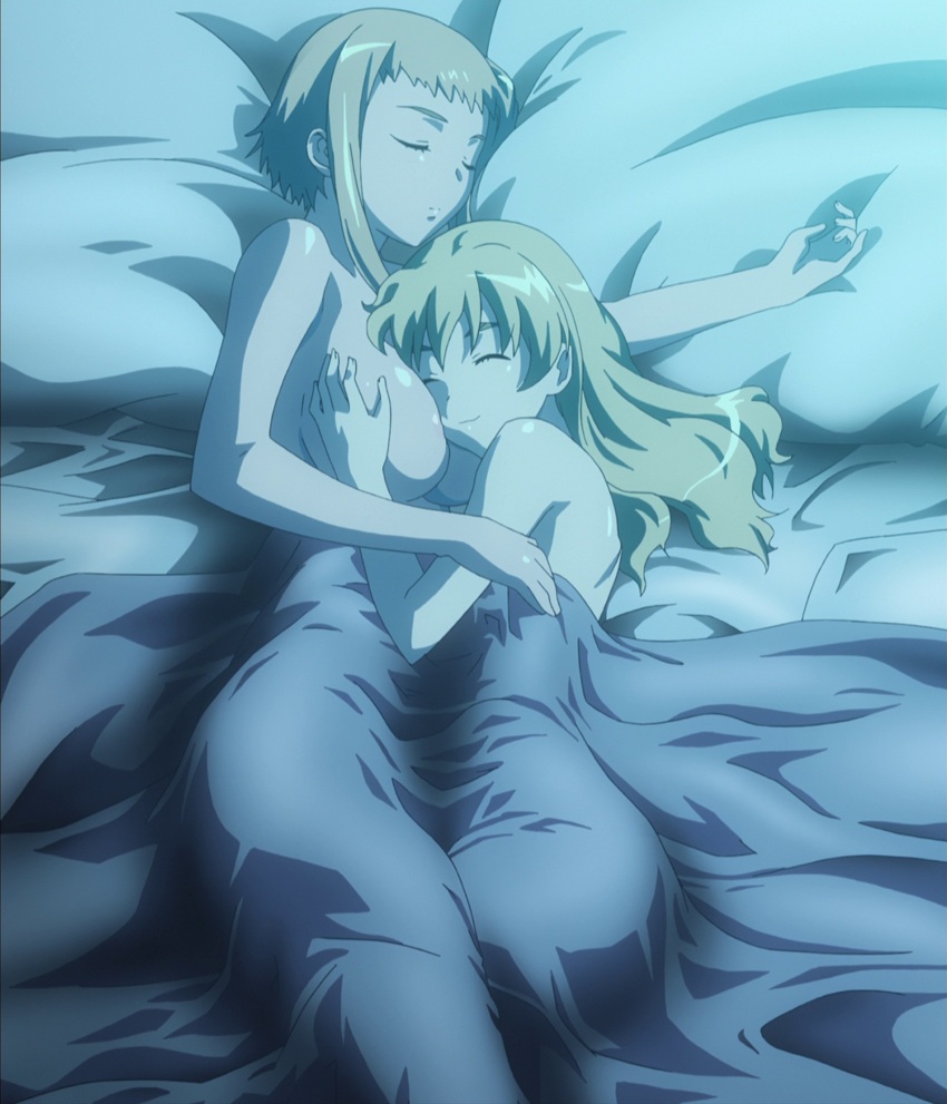2girls arm arms back bare_shoulders bed bed_sheet blonde_hair breast_grab breast_pillow breasts closed_eyes covering elina female hair happy high_res hugging incest leina long_hair lying multiple_girls nude nude_cover on_side pillow queen's_blade screencap siblings sisters sleeping smile under_covers yuri
