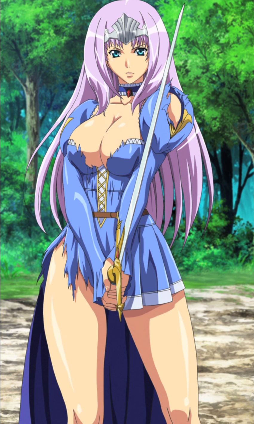 annelotte_(queen's_blade) big_breasts blue_dress blue_eyes breasts female high_res long_hair queen's_blade queen's_blade_rebellion screencap solo standing sword torn_clothes weapon