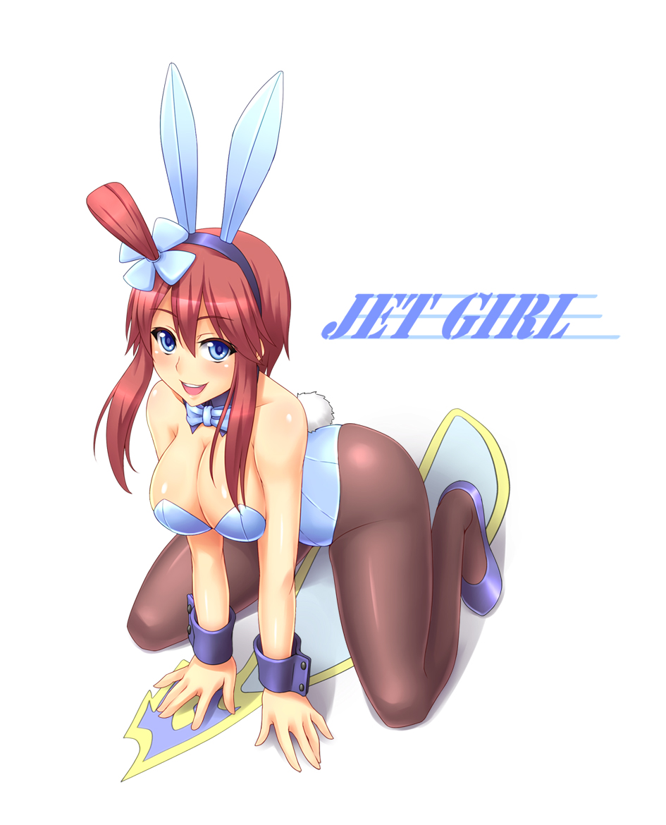 1girl :d animal_ears bare_shoulders blue_eyes blush bow bowtie breasts bunny_ears bunny_girl bunny_tail bunnysuit cleavage curvy english fuuro_(pokemon) gym_leader hair_ornament kneeling looking_at_viewer open_mouth pantyhose pokemon pokemon_(game) pokemon_black_and_white pokemon_bw red_hair sidelocks skyla smile solo surume_(clavis) tail taupe_pantyhose wrist_cuffs