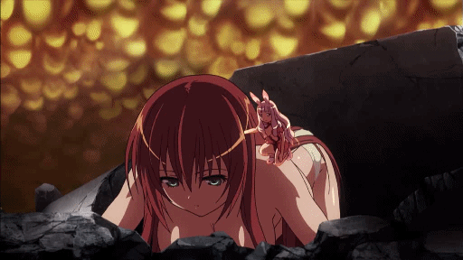 airi airi_(queen's_blade) animated animated_gif black_legwear bouncing_breasts breasts brown_legwear cloud eye_contact from_below gif large_breasts long_hair maid melona minigirl multiple_girls nipples on_ground outdoors panties queen's_blade queen's_blade red_hair size_difference thighhighs topless torn_clothes torn_panties underwear