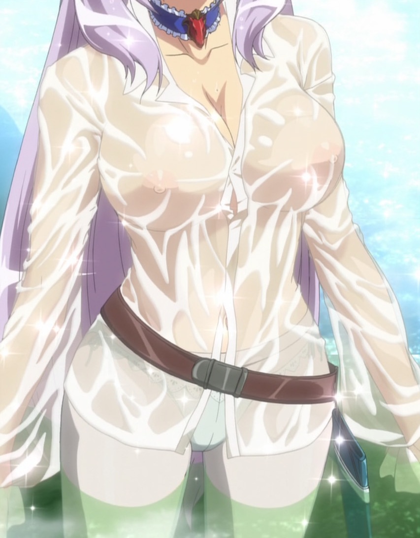 1girl annelotte_(queen's_blade) belt big_breasts breasts choker cleavage dress_shirt female head_out_of_frame large_breasts long_hair nipples no_bra panties panties_under_pantyhose pantyhose purple_hair queen's_blade queen's_blade_rebellion scabbard screencap see-through sheath shirt solo standing stitched underwear very_long_hair water wet wet_clothes wet_shirt
