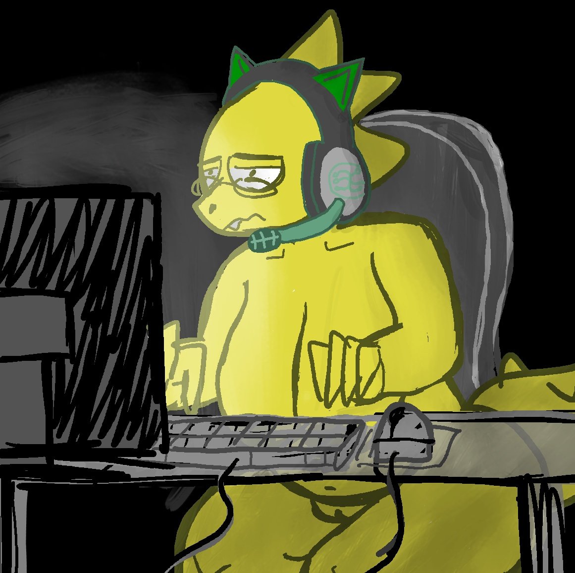 1girl 2020s 2023 alphys alphys_(undertale) anthro anthro_only belly big_breasts black_background breasts buckteeth cat_ear_headphones chair chubby chubby_anthro chubby_female computer computer_keyboard computer_monitor computer_mouse computer_screen eyewear female_anthro female_only furniture gaming genitals glasses headgear headphones headset huge_breasts keyboard keyboard_(computer) lizard lizard_girl lizard_tail monitor monster monster_girl morgan_shawty mouse_(computer) non-mammal_breasts nude on_chair overweight overweight_anthro overweight_female pussy reptile reptile_girl reptile_tail scalie simple_background sitting sitting_on_chair solo_anthro solo_female table tail teeth thick_thighs tired_eyes undertale undertale_(series) video_games wide_hips yellow_body yellow_skin