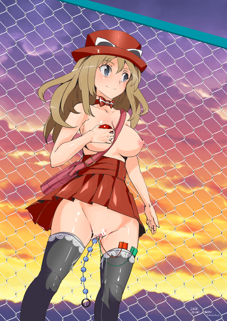 1girl anal anal_beads artist_request bag beads big_breasts black_legwear blonde_hair blue_eyes blush bottomless breasts brown_hair censored chain-link_fence egg_vibrator exhibitionism fence from_below hair hat headgear large_breasts long_hair messenger_bag multiple_insertions navel neck_ribbon nipples no_panties nyuu_(manekin-eko) object_insertion outdoors pleated_skirt poke_ball pokemon pokemon_(game) pokemon_xy public public_vibrator pussy pussy_juice ribbon serena serena_(pokemon) shoulder_bag skirt smile solo sunglasses sunglasses_on_head thighhighs topless upskirt vibrator vibrator_in_thighhighs