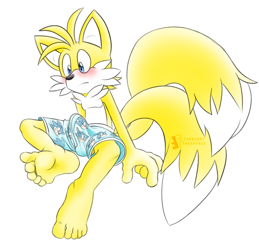 2012 5_toes blush canine clothing erection erection_under_clothes fakerface feet fox hindpaw human_feet male male_only miles_"tails"_prower multiple_tails pants paws penis plantigrade sega soles solo solo_male sonic_the_hedgehog_(series) tail testicles toes