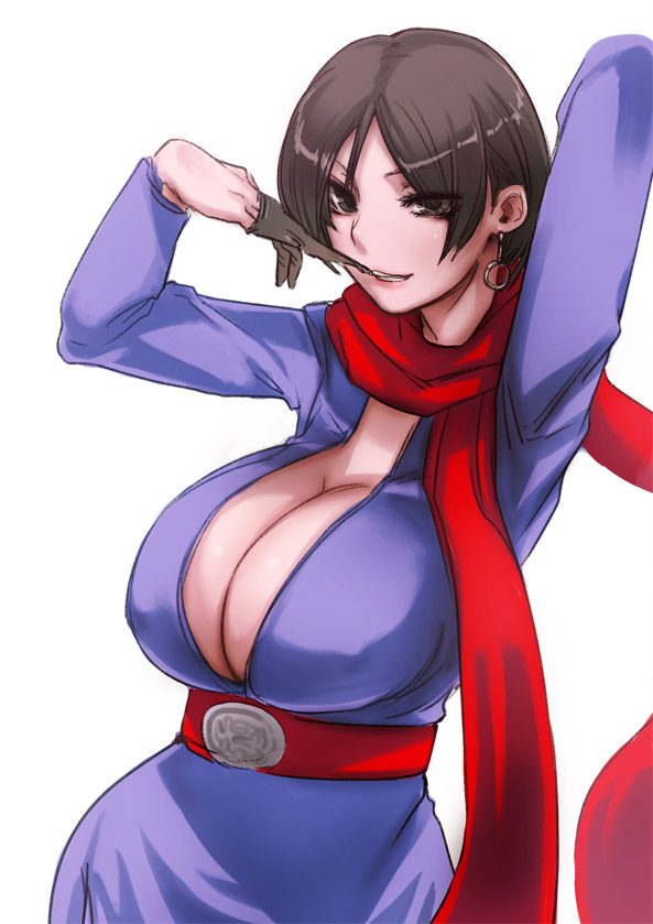 1girl arms_up bad_anatomy bangs belt breasts brown_eyes brown_hair carla_radames cleavage covered_nipples dress earrings erect_nipples huge_breasts jewelry mouth_pull no_bra red_scarf removing_glove resident_evil resident_evil_6 scarf sgk short_hair solo