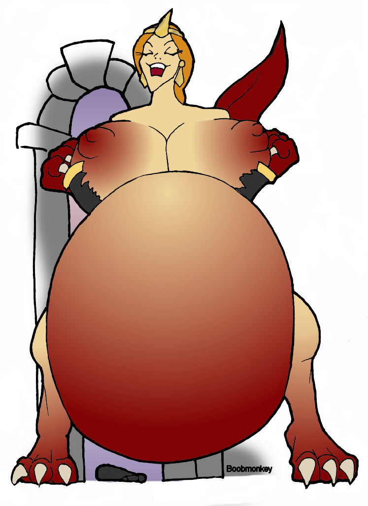 bartok_the_magnificent belly_bulge belly_expansion boobmonkey claws closed_eyes dragon_girl earrings large_breasts ludmilla tail transformation weight_gain