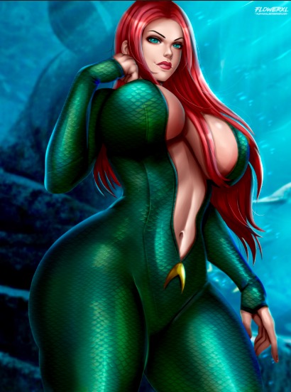 1girl abs aquaman_(series) big_breasts bodysuit breasts caucasian cleavage clothed dc_comics female female_only flowerxl green_eyes hips mera mera_(dc) navel open_clothes red_hair redhead sexy slut solo standing thighs underwater