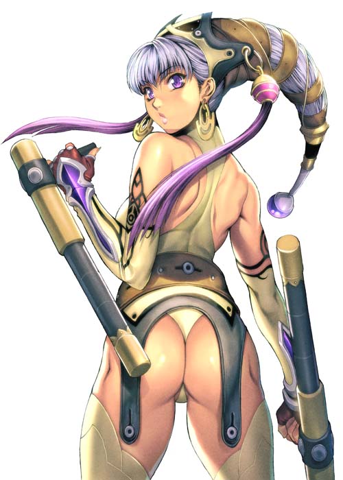 1girl anime ass earrings elbow_gloves female_only fingerless_gloves gloves hentai homare_(fool's_art) jewelry looking_back original ponytail purple_eyes purple_hair solo tonfa violet_eyes weapon
