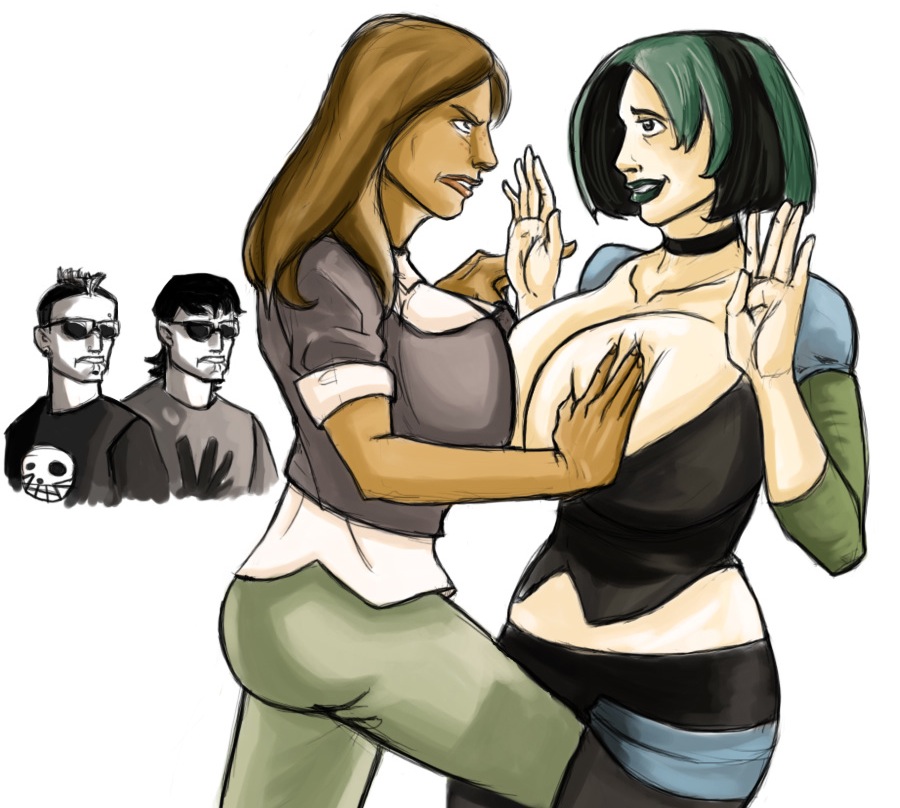 2_girls 2boys 2girls black_eyes black_hair breast_to_breast breasts brown_hair brown_skin cartoon_network cleavage courtney_(tdi) dark-skinned_female duncan_(tdi) dyed_hair female first-second goth green_hair green_lipstick gwen_(tdi) hourglass_figure latina male navel pale-skinned_female short_hair simple_background symmetrical_docking thick_ass thick_legs thick_thighs total_drama_island trent_(tdi) two_tone_hair wasp_waist white_background