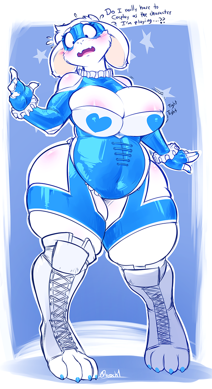 0r0ch1 1girl alternate_costume big_breasts big_breasts blush breasts capcom chubby cosplay embarrassed furry heart horns impossible_clothes milf rainbow_mika revealing_clothes stockings street_fighter thick_thighs thighs toriel undertale